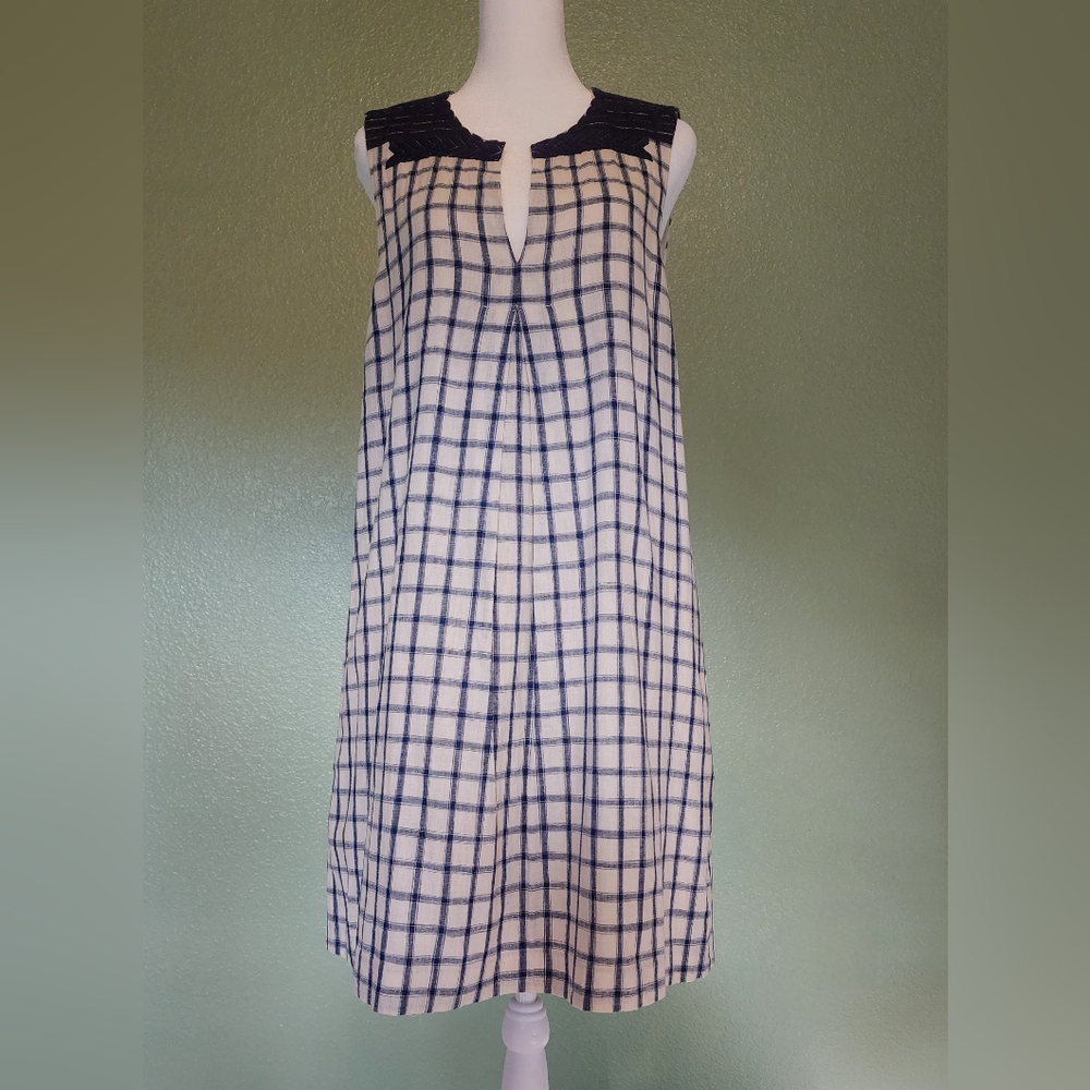 Madewell Off White Blue Embroidered Sunray Shirt Dress Plaid Shift Size L Linen